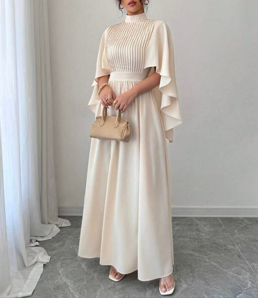 Ivory Pleated Cape Maxi Dress – Elegant Modest Wear