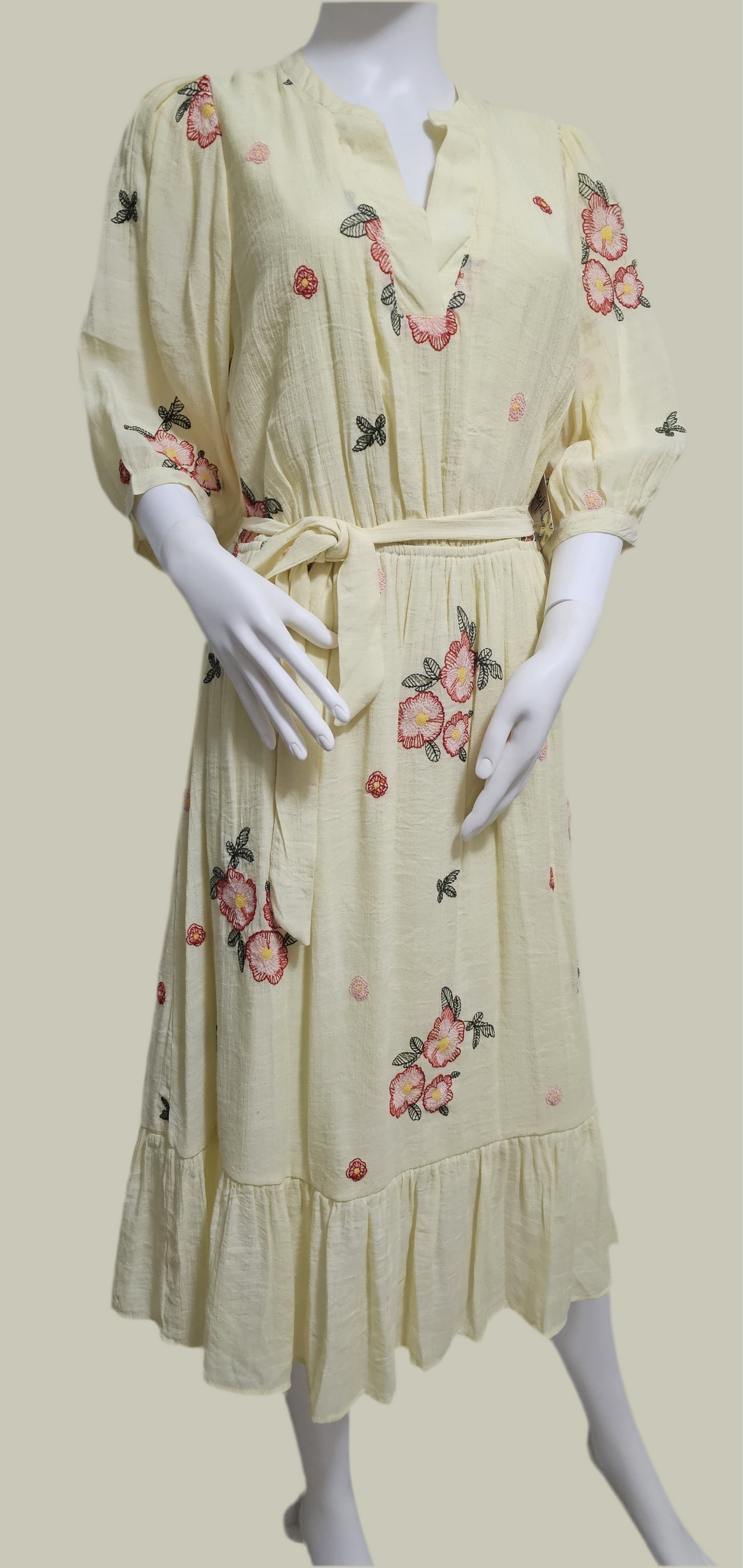 Lemon Bloom Embroidered Midi Dress