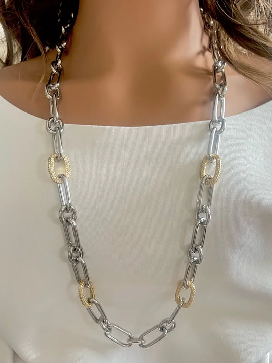 18K Gold/Silver Plated Large Oval Link Clip With CZ Necklace with strong magnetic lock