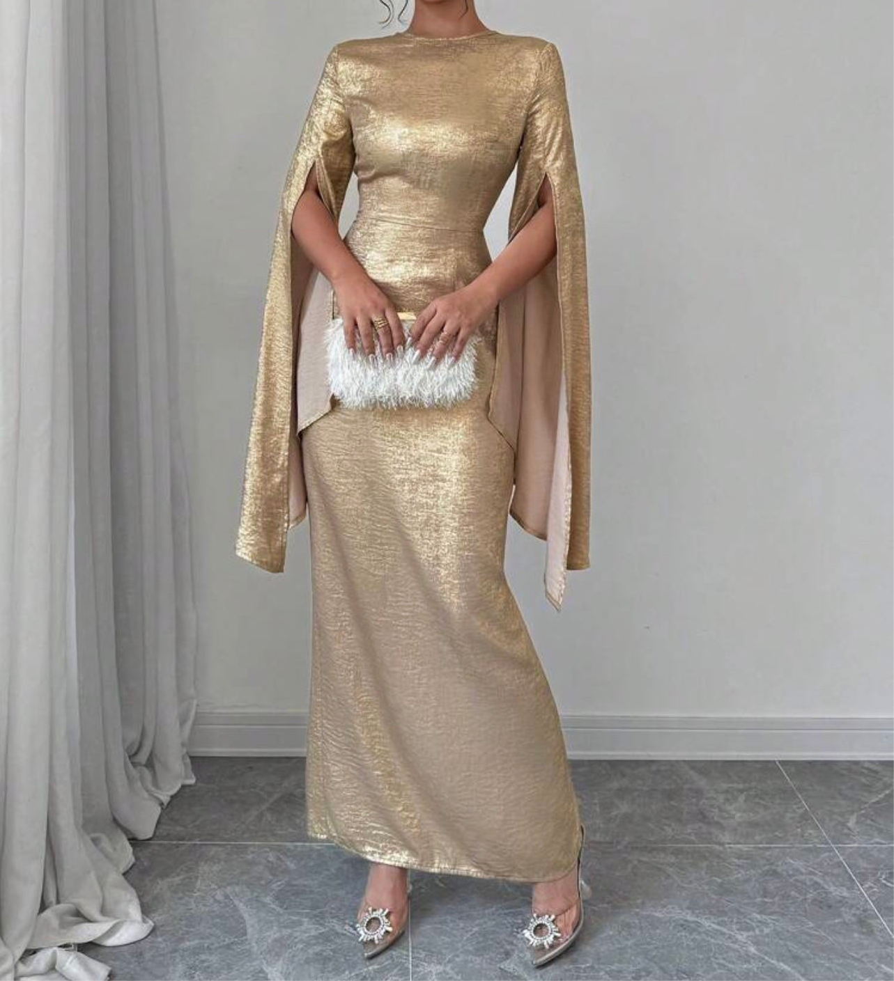 Gold Goddess Draped Sequin Gown