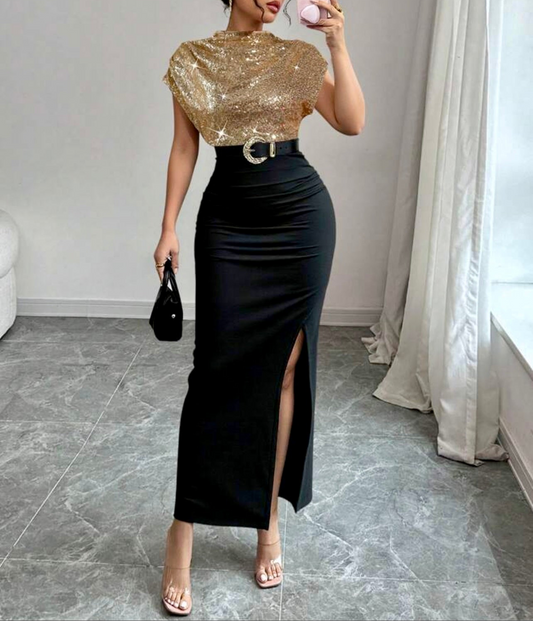 Gold & Black Contrast Midi Dress – Chic Semi-Formal Elegance