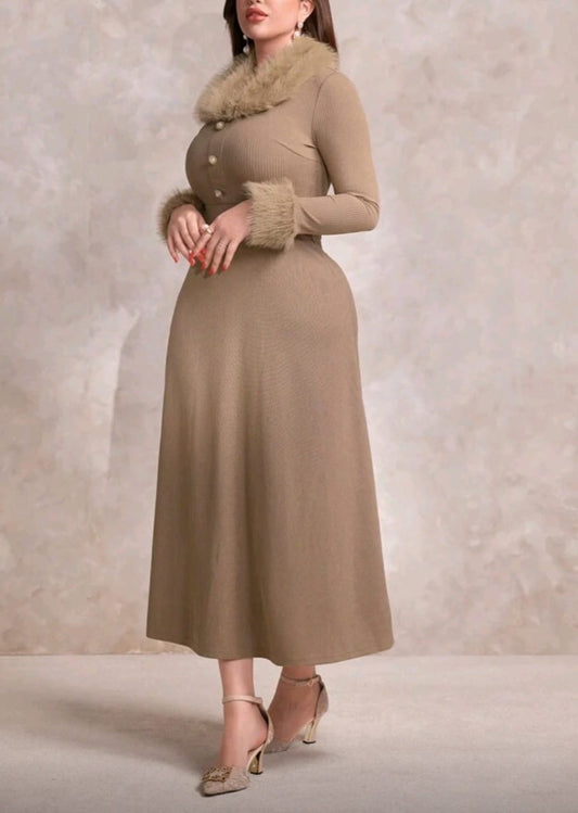 Beige Ribbed Midi Dress with Faux Fur Trim | Long Sleeve Button Detail Dress for Women β Al Zarif