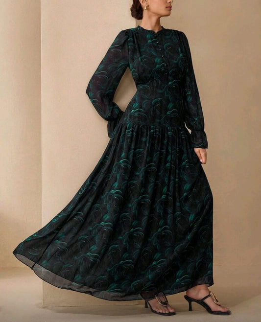 Green Floral Print Modest Gown