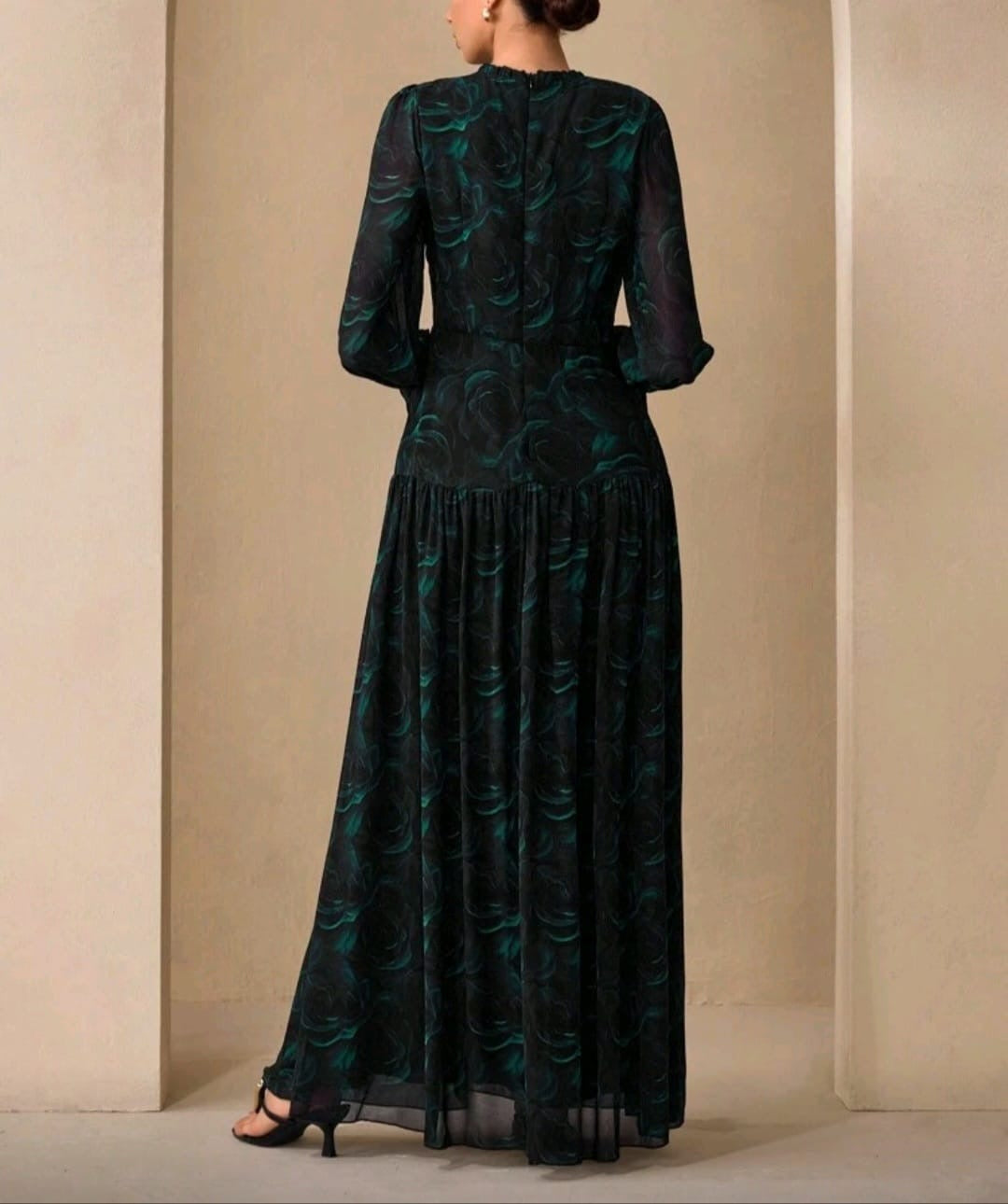 Green Floral Print Modest Gown