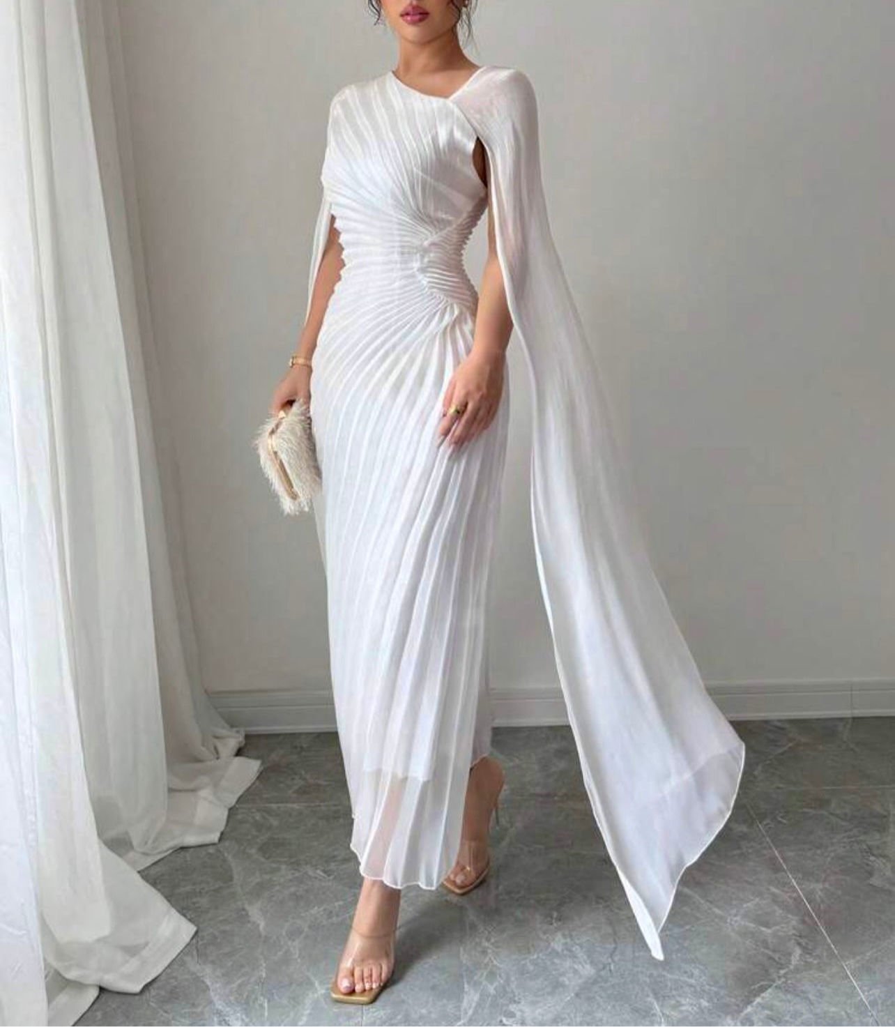 White Sculpt Pleated Cape Dress – Luxe Evening Elegance
