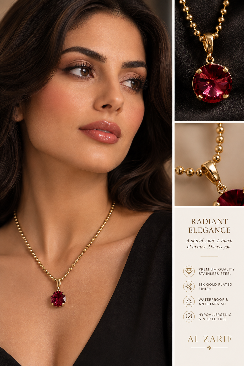 Ruby Red Crystal Pendant Necklace – Gold-Tone Beaded Chain | Al Zarif