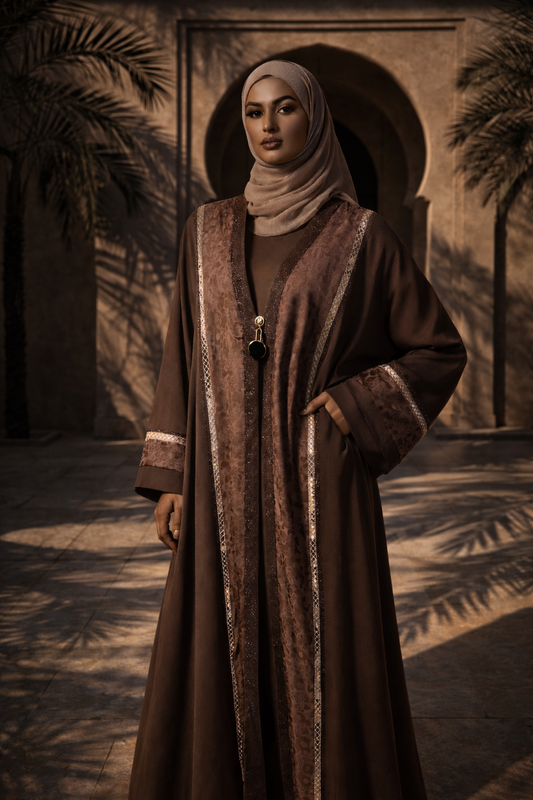 Dusty Lavender Jacquard Panel Closed Abaya with Gold Trim