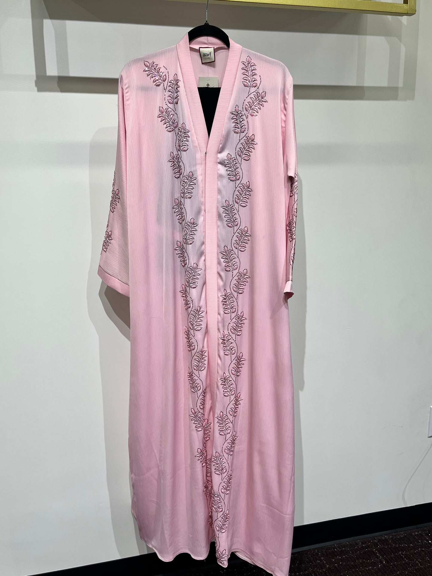 Blush Pink Embroidered Open Abaya β Luxury Floral Detail
