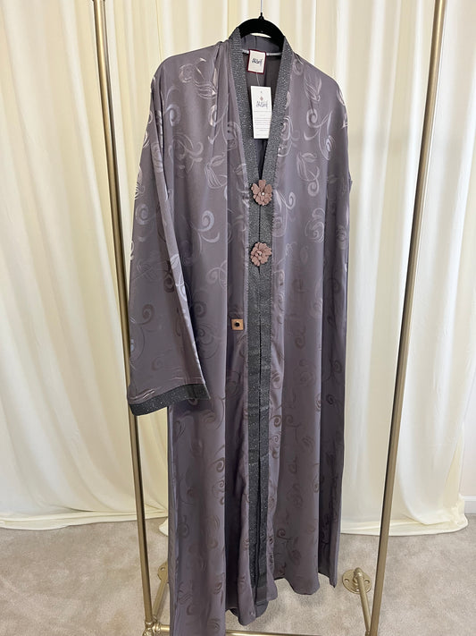 Smoky Grey Floral Jacquard Abaya with Handcrafted Flower Detail