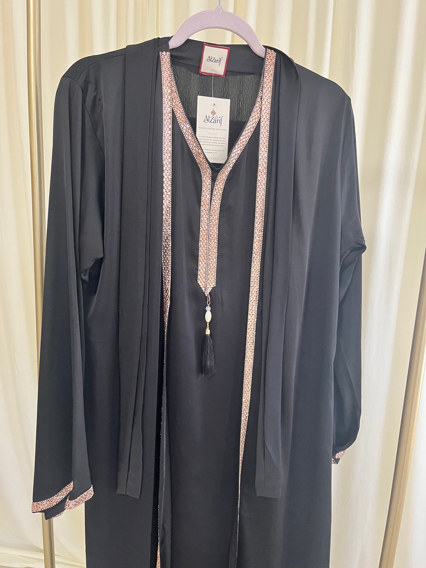 Midnight Noir Abaya with Rose Gold Mosaic Trim