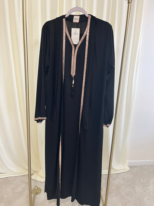 Midnight Noir Abaya with Rose Gold Mosaic Trim