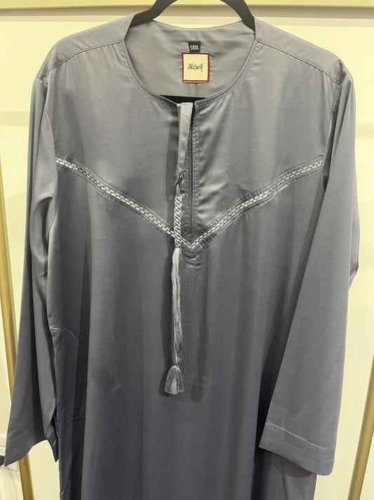 Misty Grey Braided Detail Thobe with Tassel Tie