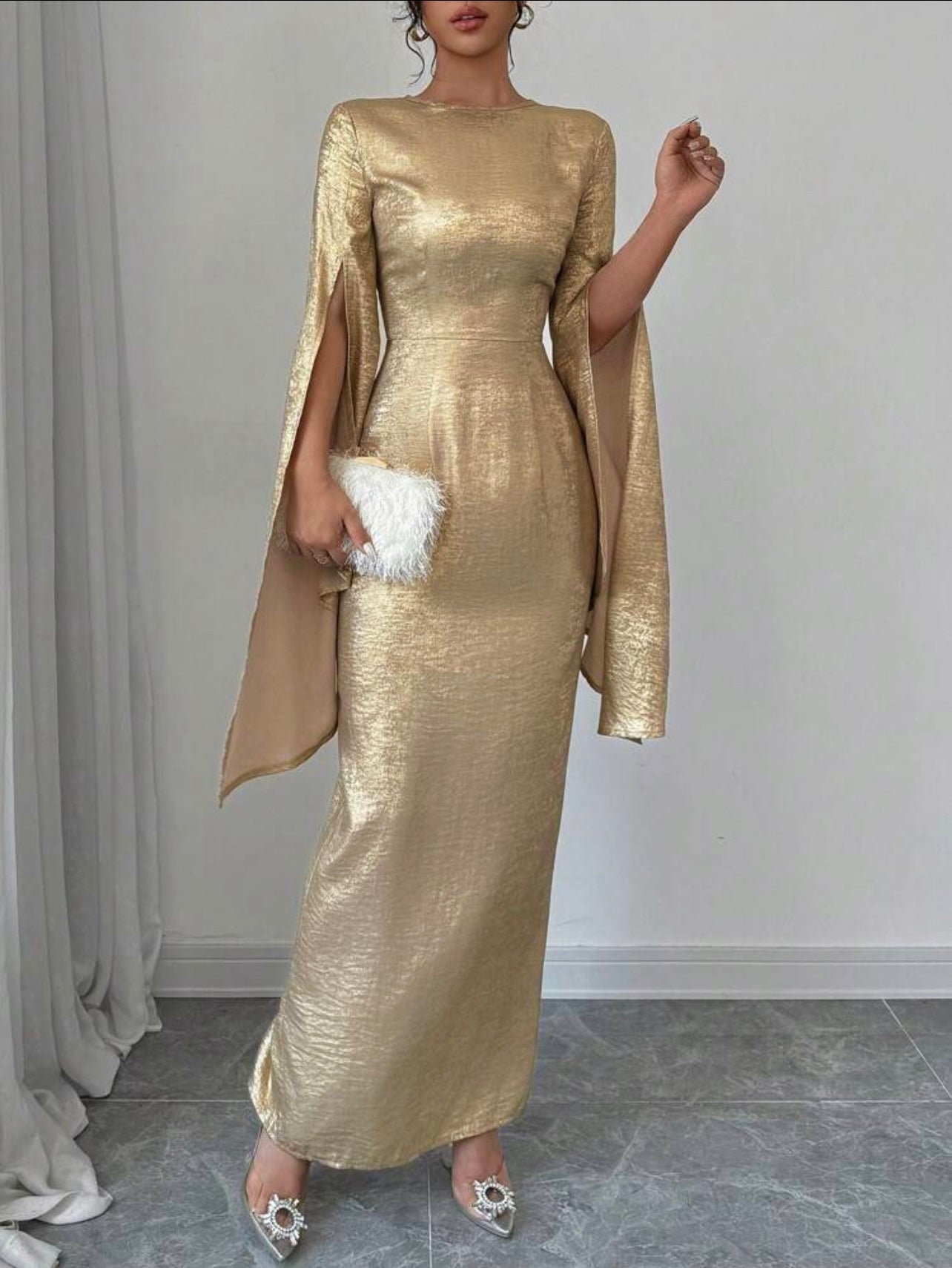 Gold Goddess Draped Sequin Gown