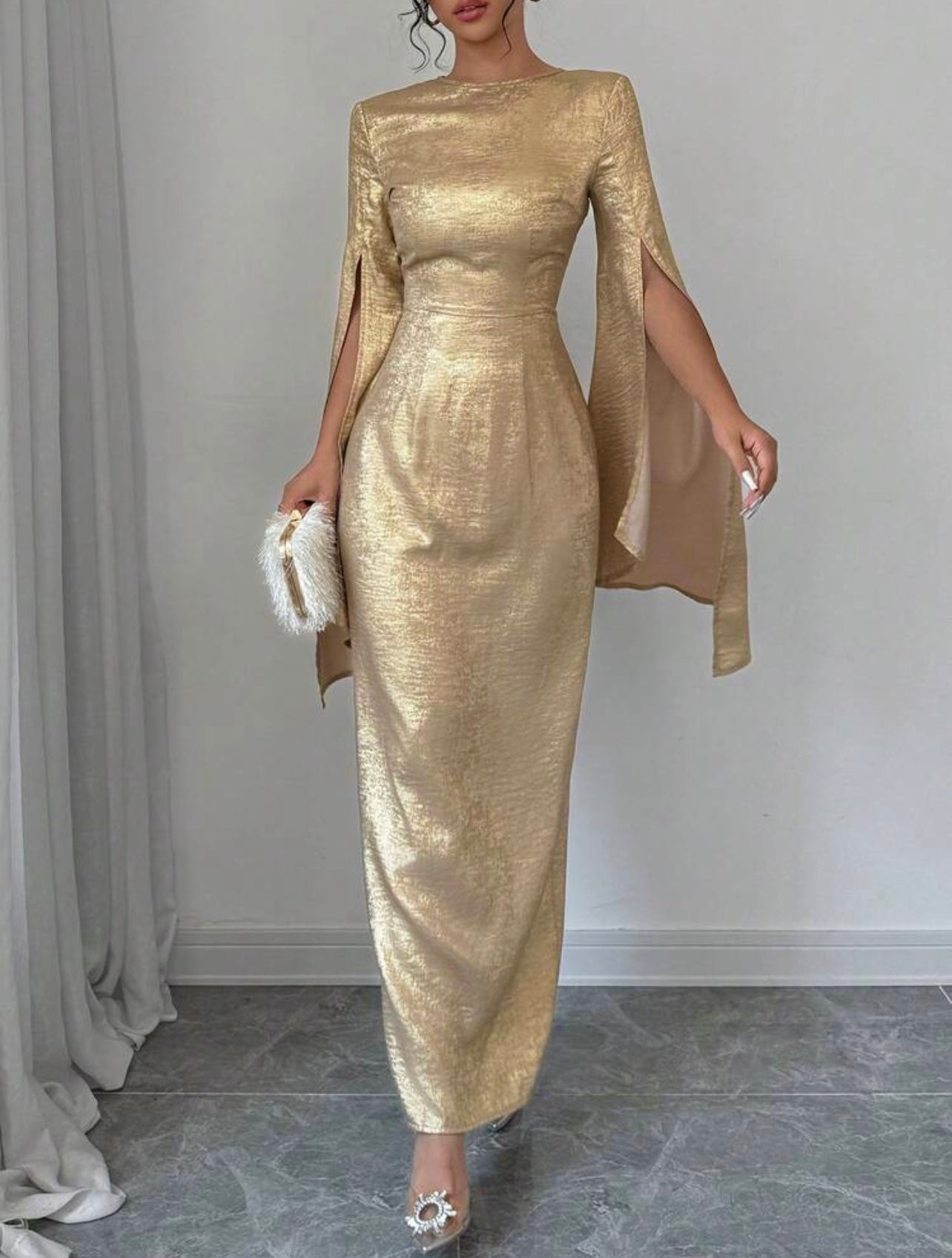 Gold Goddess Draped Sequin Gown
