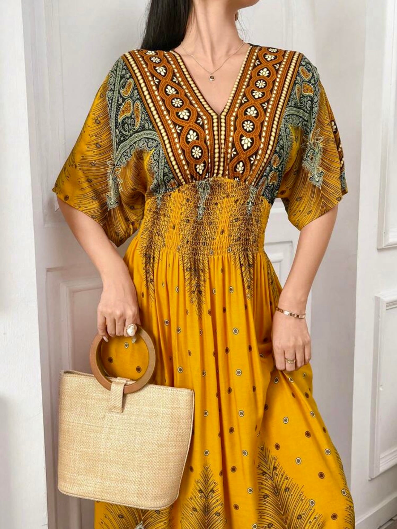 Boho Mustard Smocked Waist Maxi Dress