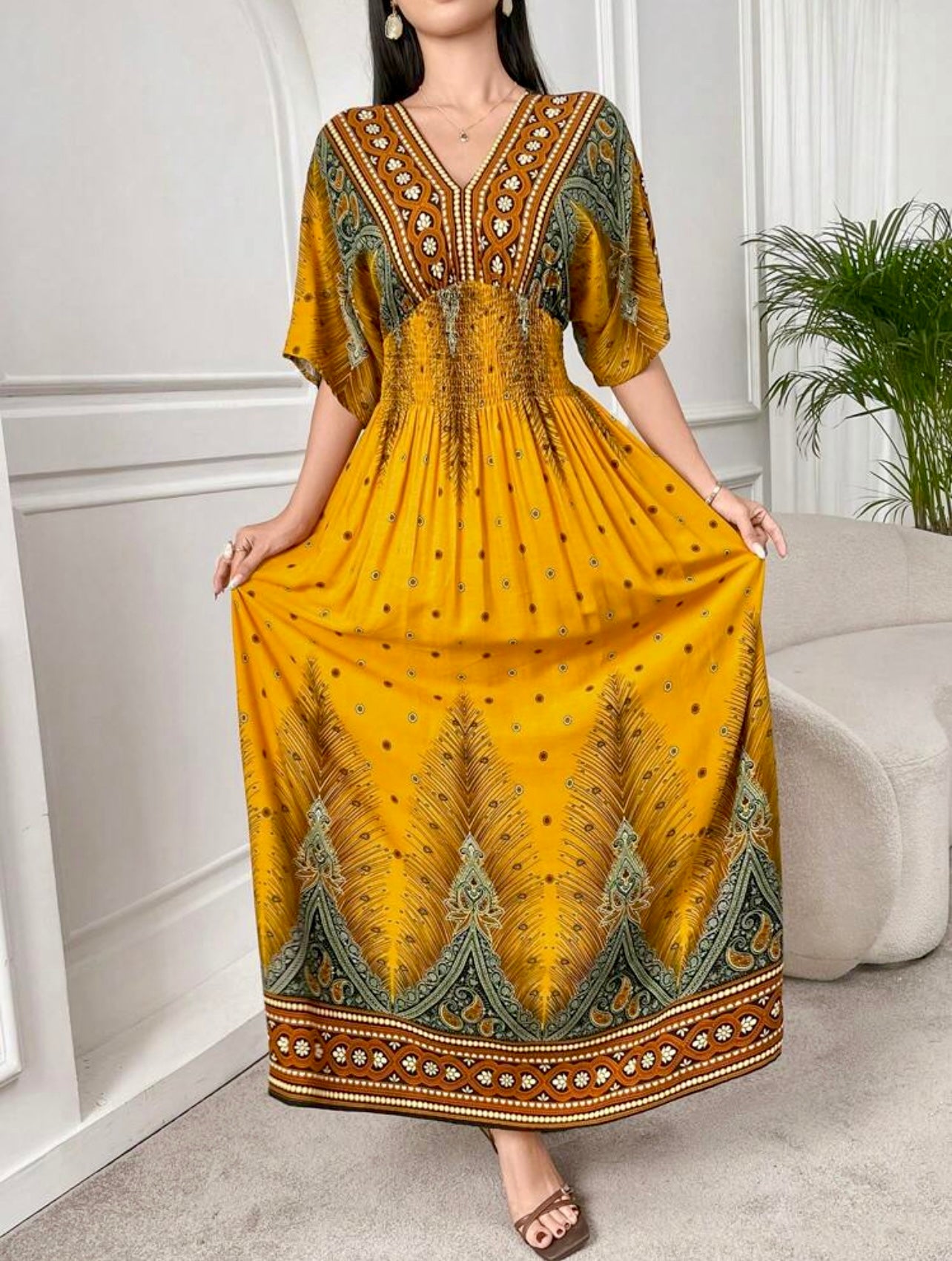Boho Mustard Smocked Waist Maxi Dress Al Zarif Boho Mustard Smocked Waist Maxi Dress Al Zarif
