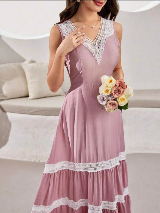 Mauve Lace Trim Maxi Dress - Soft, Feminine & Modestly Chic