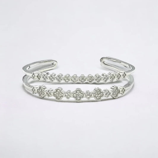 18K Gold/Silver Double Lined CZ Clover Bracelet