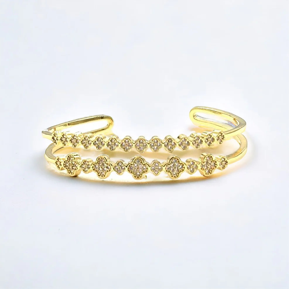 18K Gold/Silver Double Lined CZ Clover Bracelet