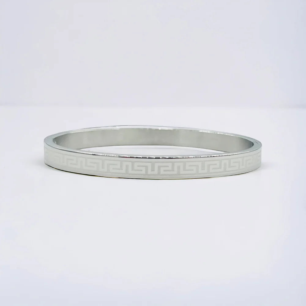 Stainless Steel Gold 6MM Greek Design With White Enamel Bangle