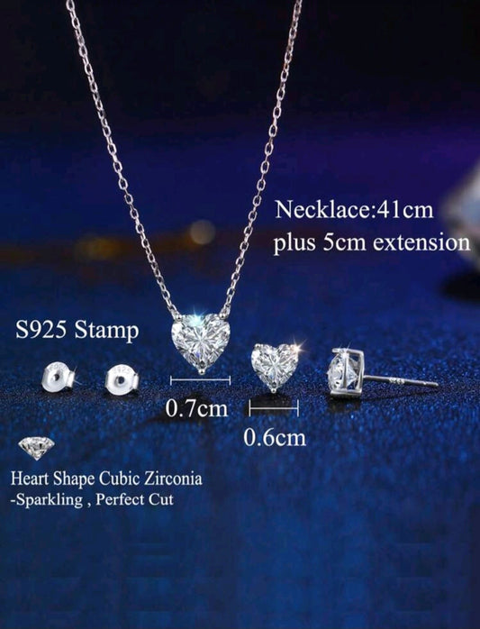 S925 Sterling Silver Heart Cut Cubic Zirconia Necklace & Stud Earrings Set