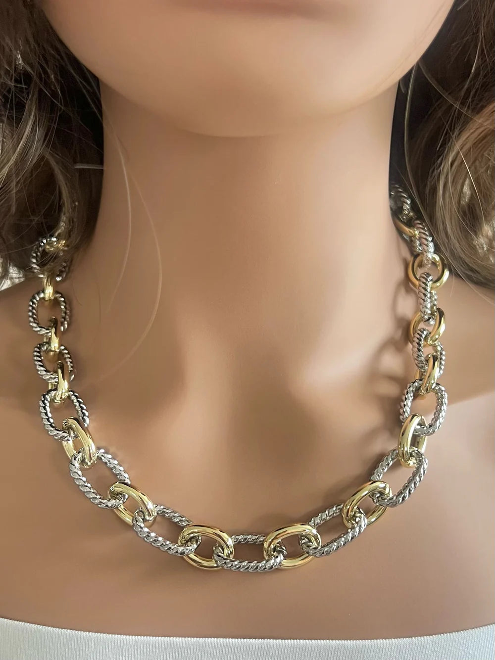 Two Tone Oval Link Textured Necklace