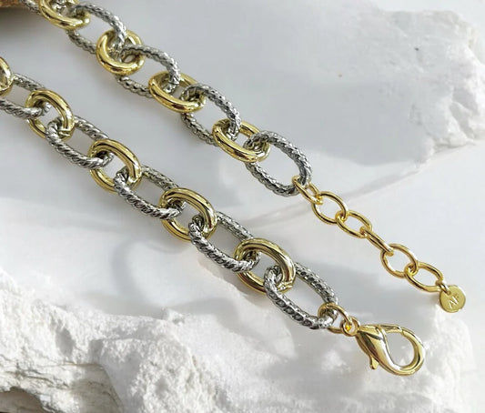 Two Tone Oval Link Textured Necklace