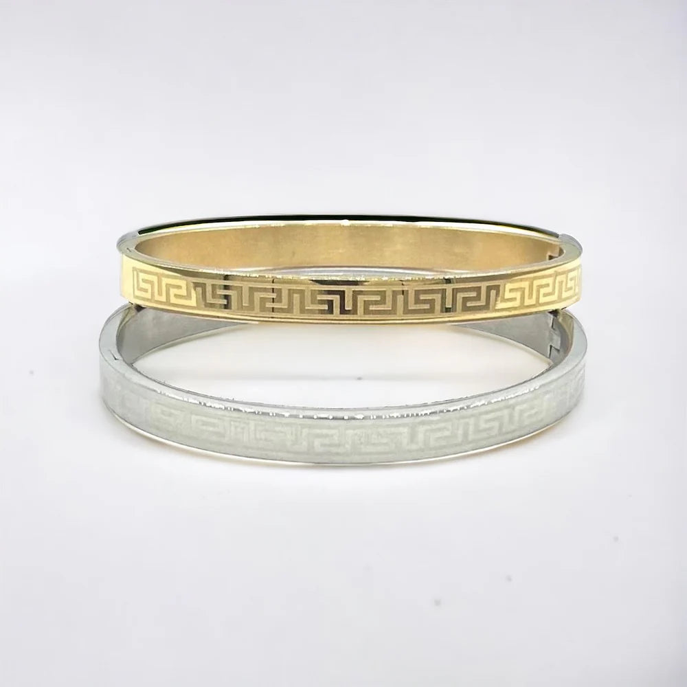Stainless Steel Gold 6MM Greek Design With White Enamel Bangle