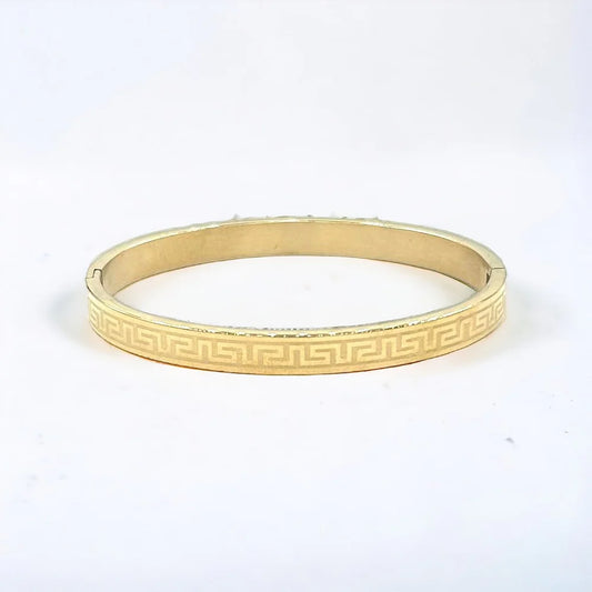 Stainless Steel Gold 6MM Greek Design With White Enamel Bangle