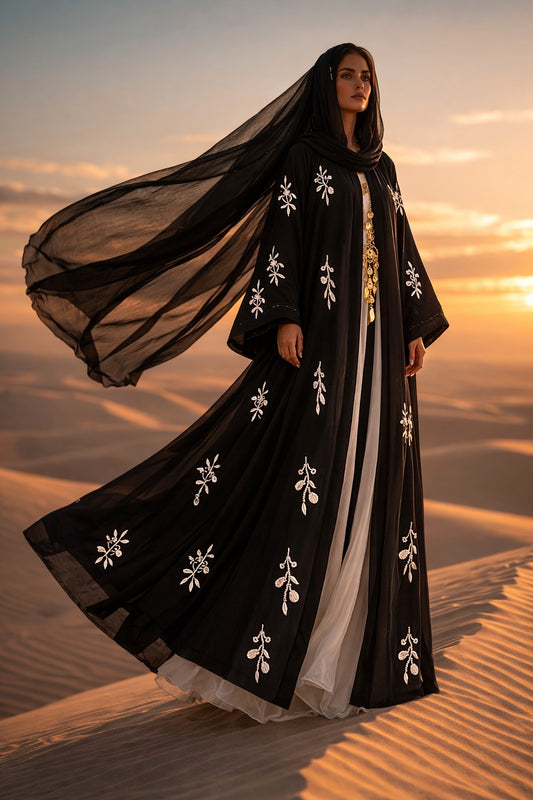 Midnight Ivory Hand-Embroidered Abaya