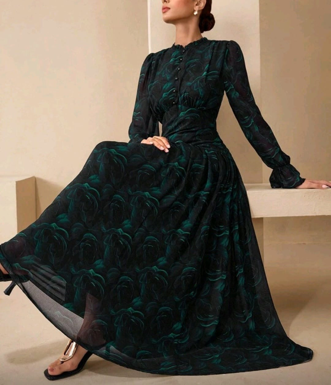 Green Floral Print Modest Gown