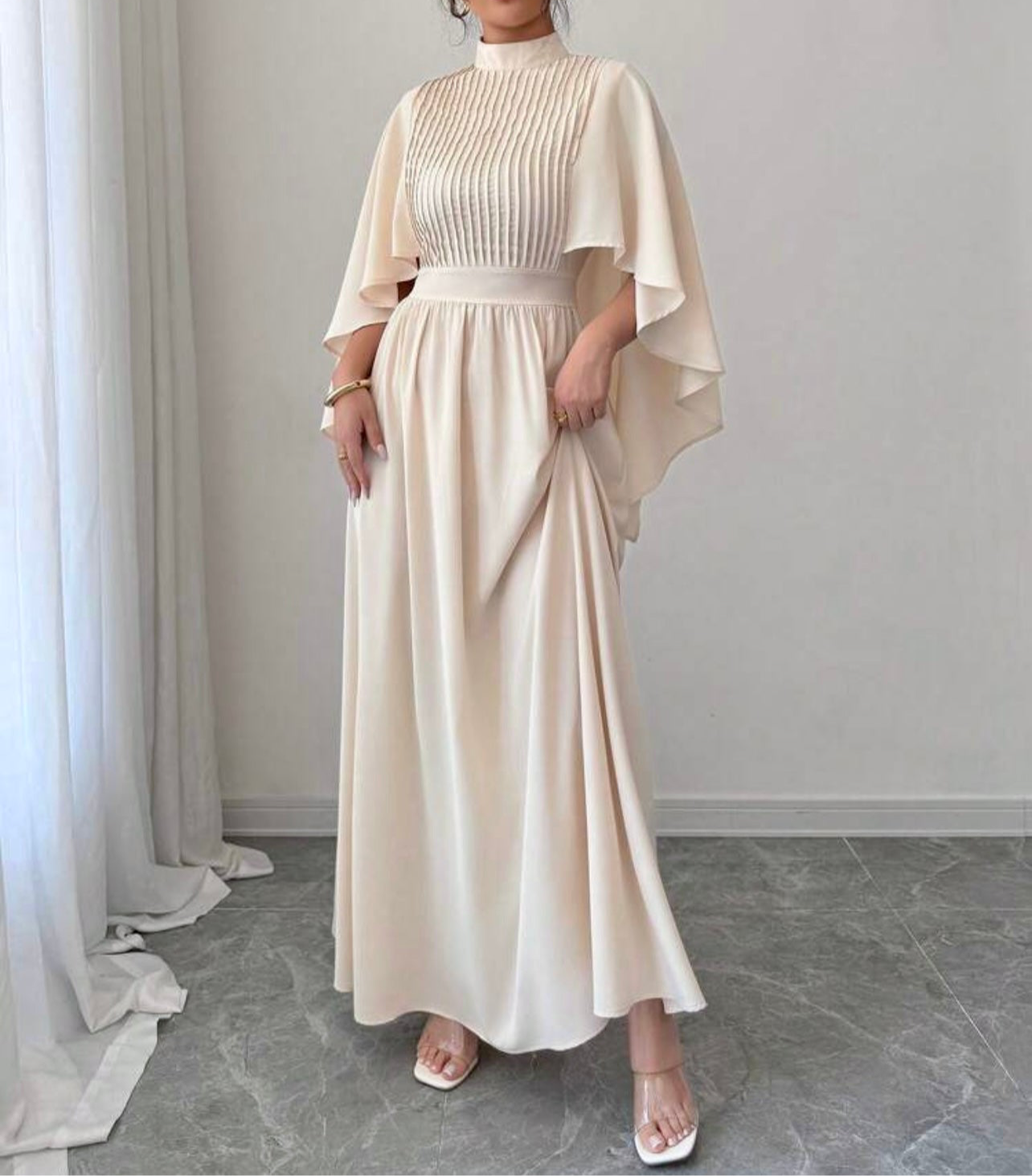 Ivory Pleated Cape Maxi Dress – Elegant Modest Wear