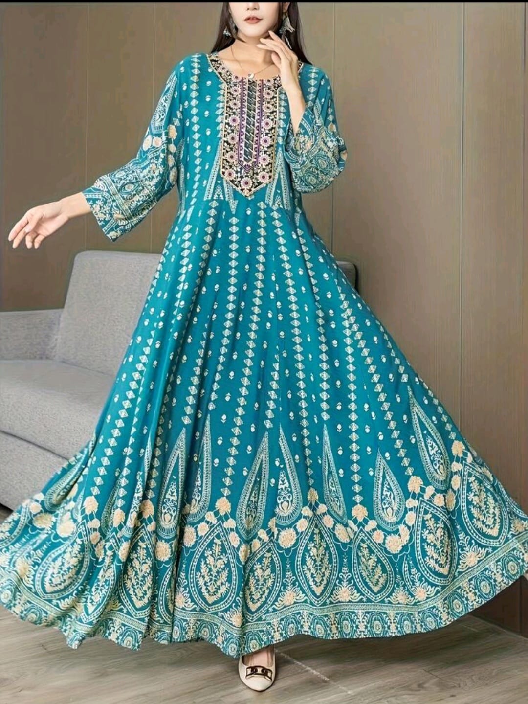 Boho Style Floral print and Embroidery Gown