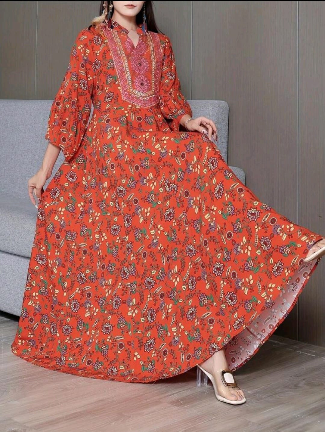Boho Style Floral print and Embroidery Gown