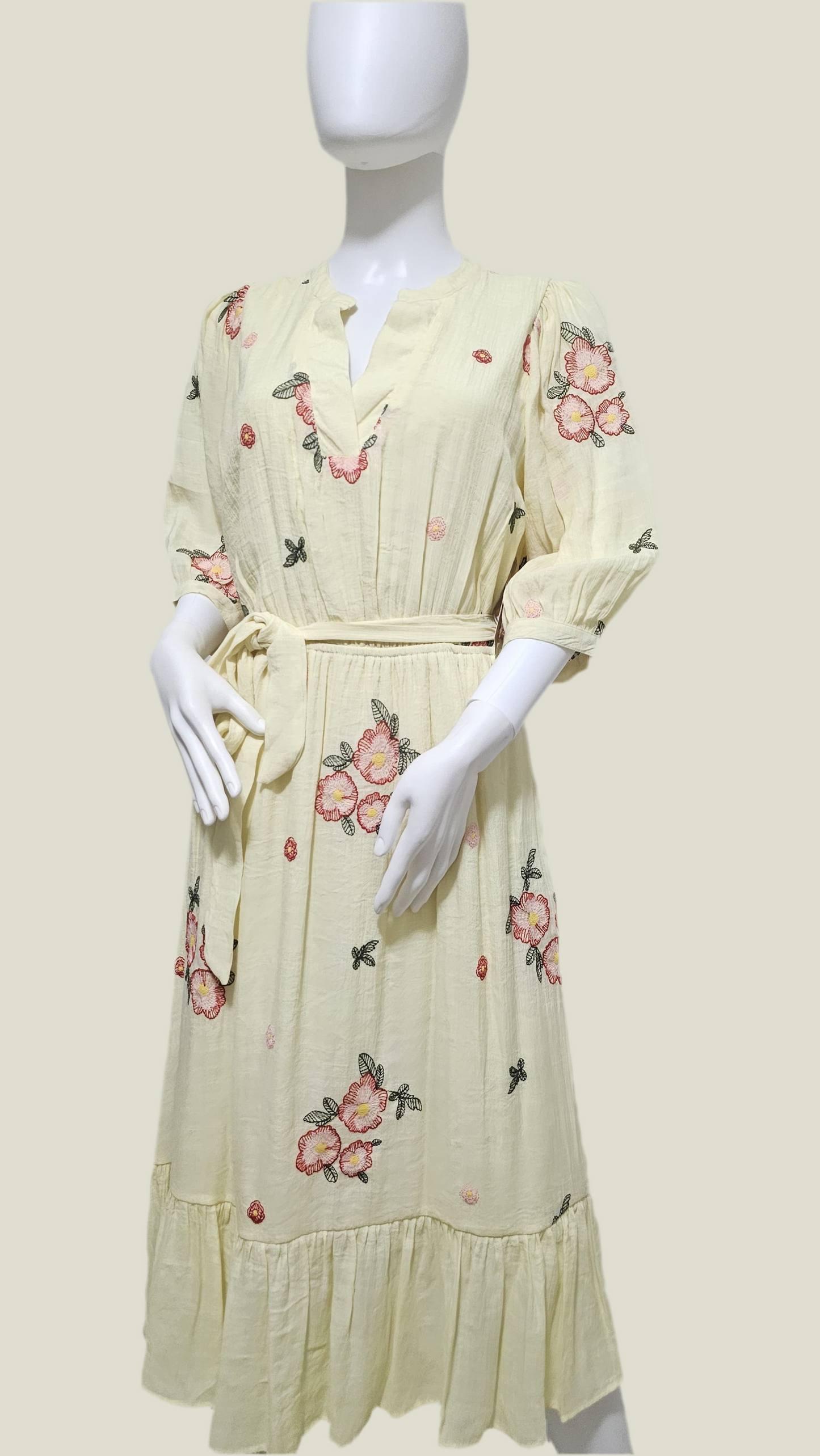 Lemon Bloom Embroidered Midi Dress