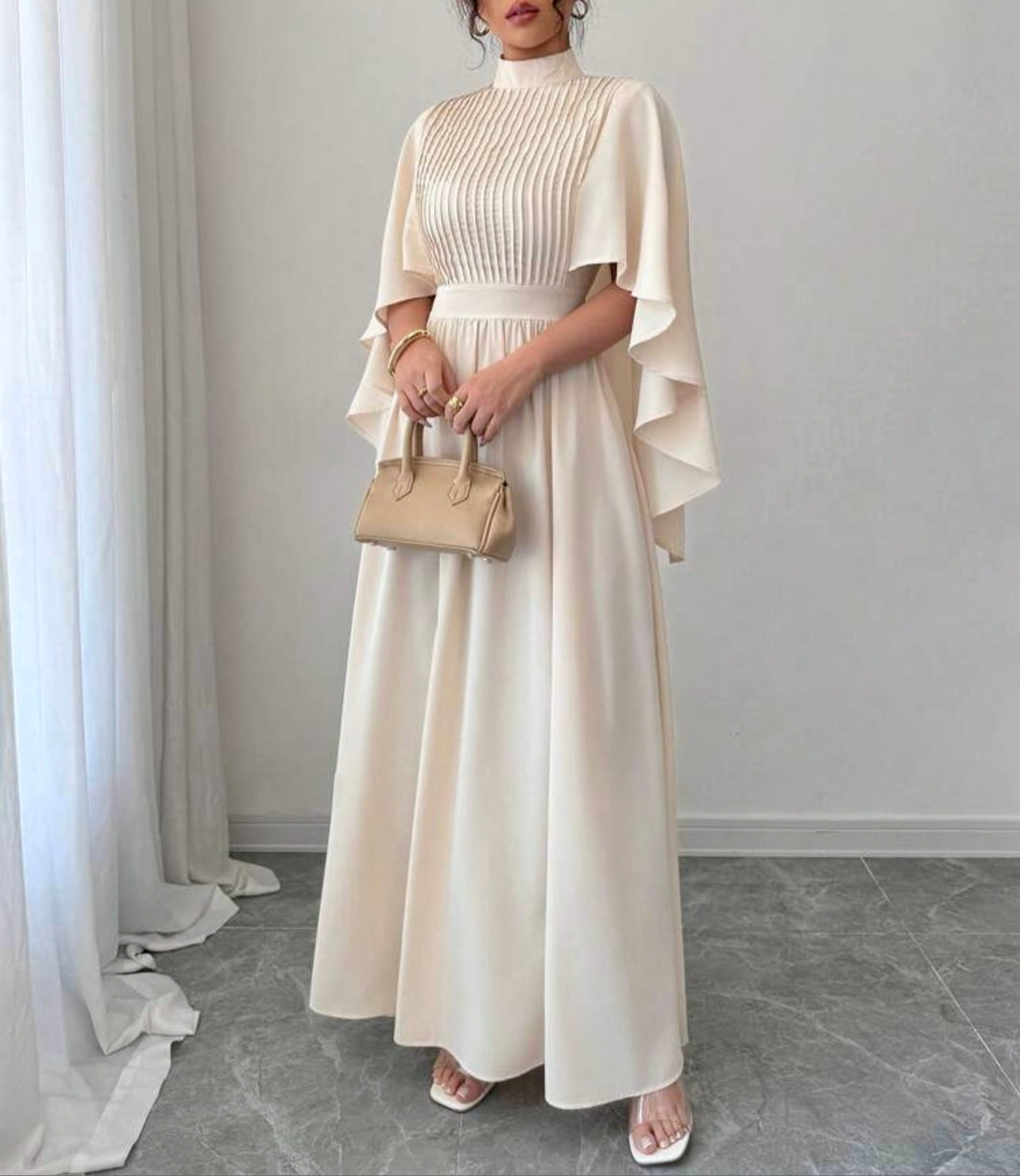 Ivory Pleated Cape Maxi Dress – Elegant Modest Wear