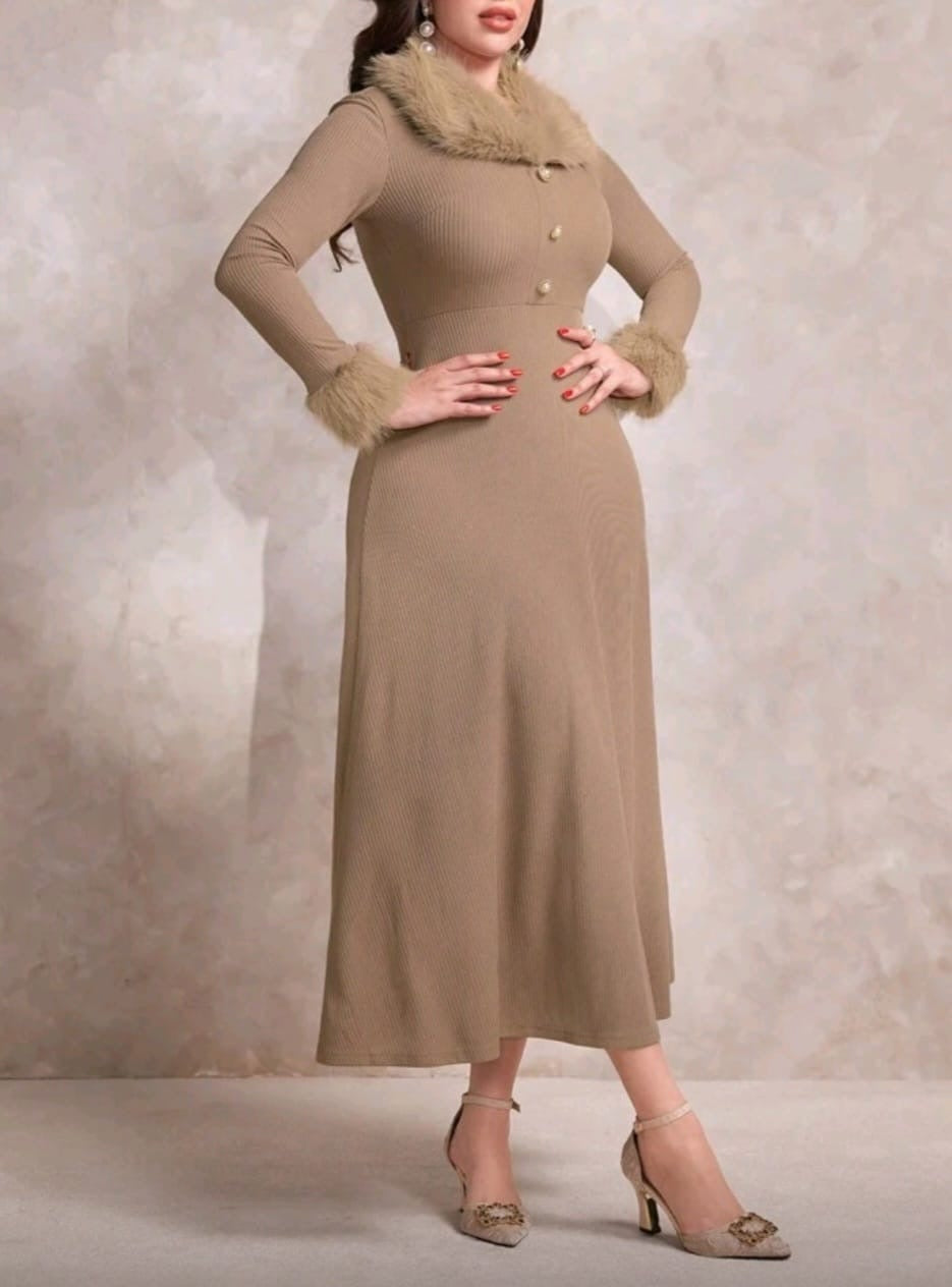 Beige Ribbed Midi Dress with Faux Fur Trim | Long Sleeve Button Detail Dress for Women – Al Zarif