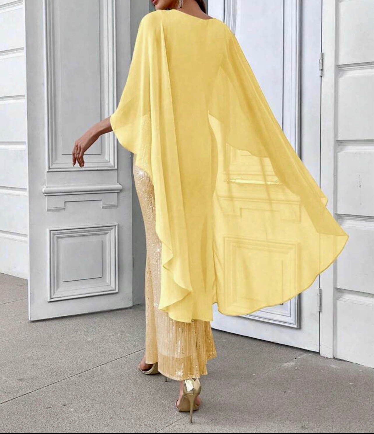 Golden Glow Sequin Cape Gown – Luxe Evening Glamour