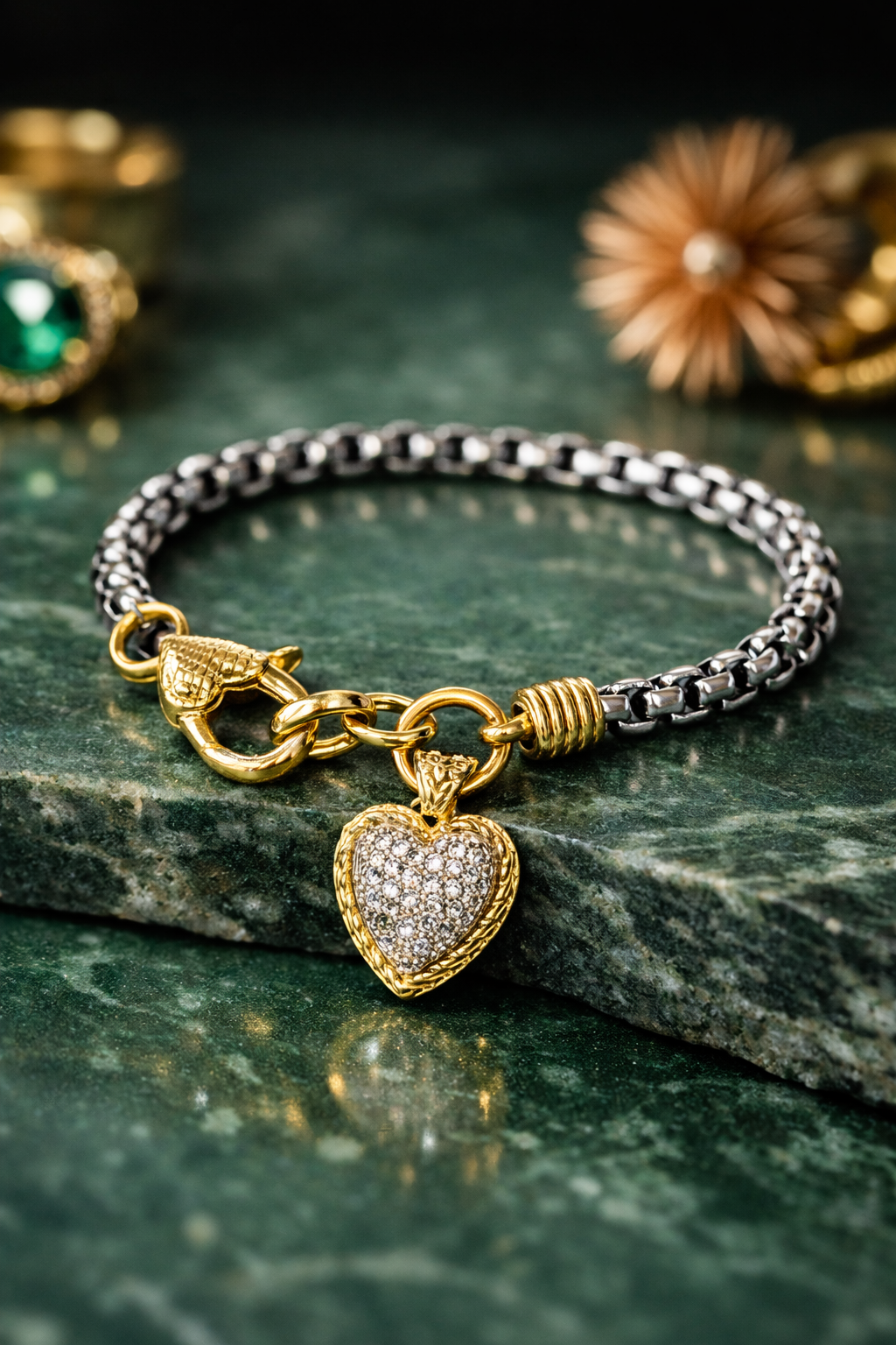 Stainless Bracelet with Heart Charm | Gold Lock