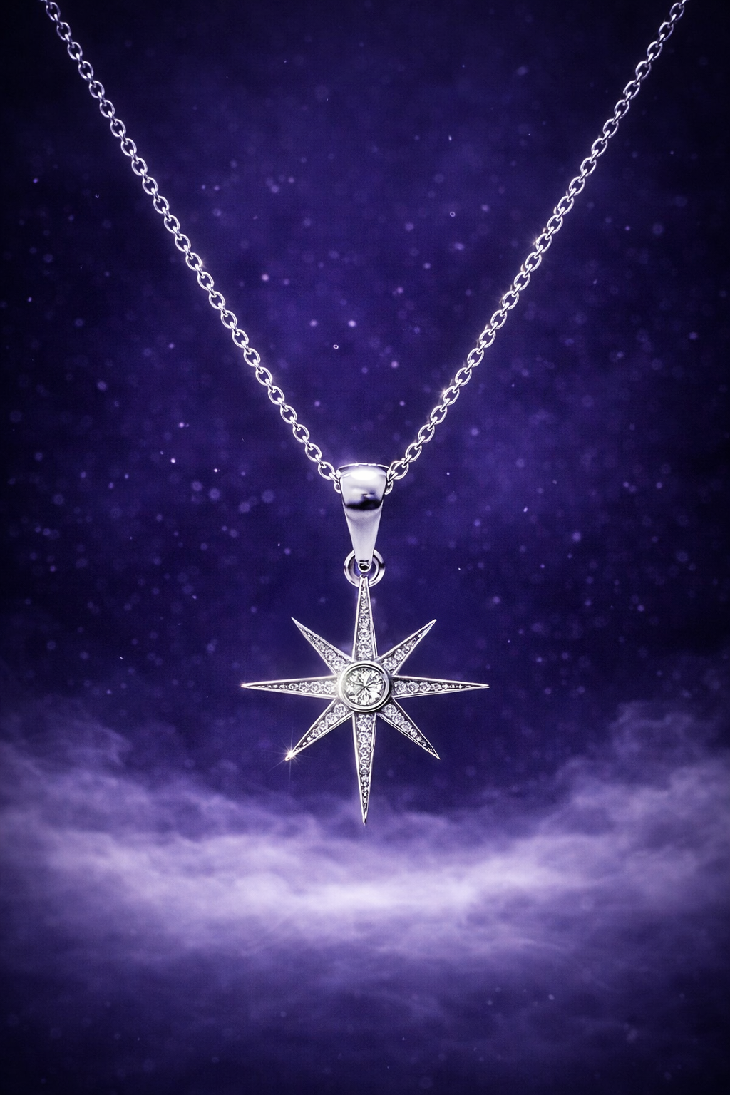 Silver star-shaped pendant necklace against a dark, starry sky background
