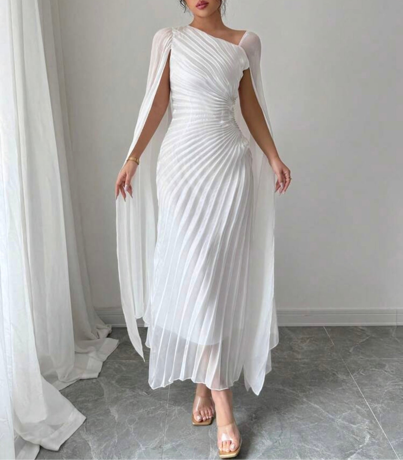 White Sculpt Pleated Cape Dress – Luxe Evening Elegance