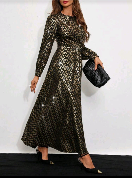 Black & Gold Zigzag Long Sleeve Midi Dress | Elegant Evening Dress for Women – Al Zarif