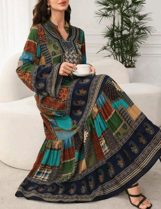 Neck Embroidery Stylish Summer Gown