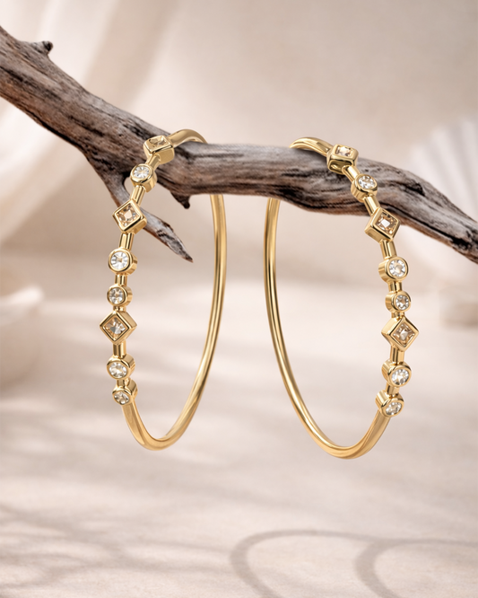 Golden Radiance Geometric Crystal Hoop Earrings