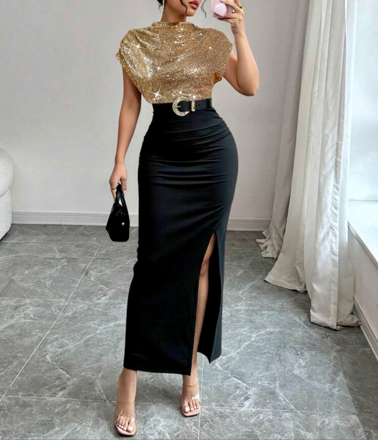 Gold & Black Contrast Midi Dress Chic Semi-Formal Elegance Al Zarif Gold & Black Contrast Midi Dress Chic Semi-Formal Elegance Al Zarif