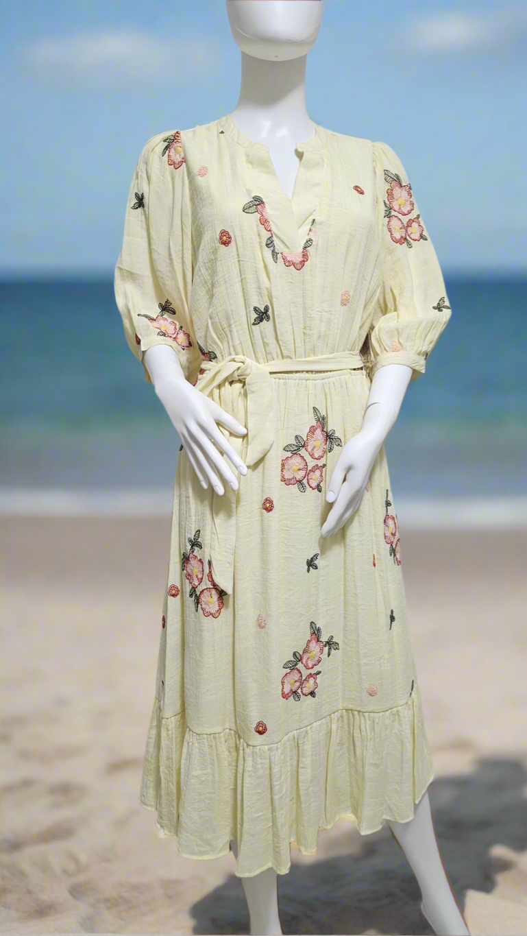 Lemon Bloom Embroidered Midi Dress