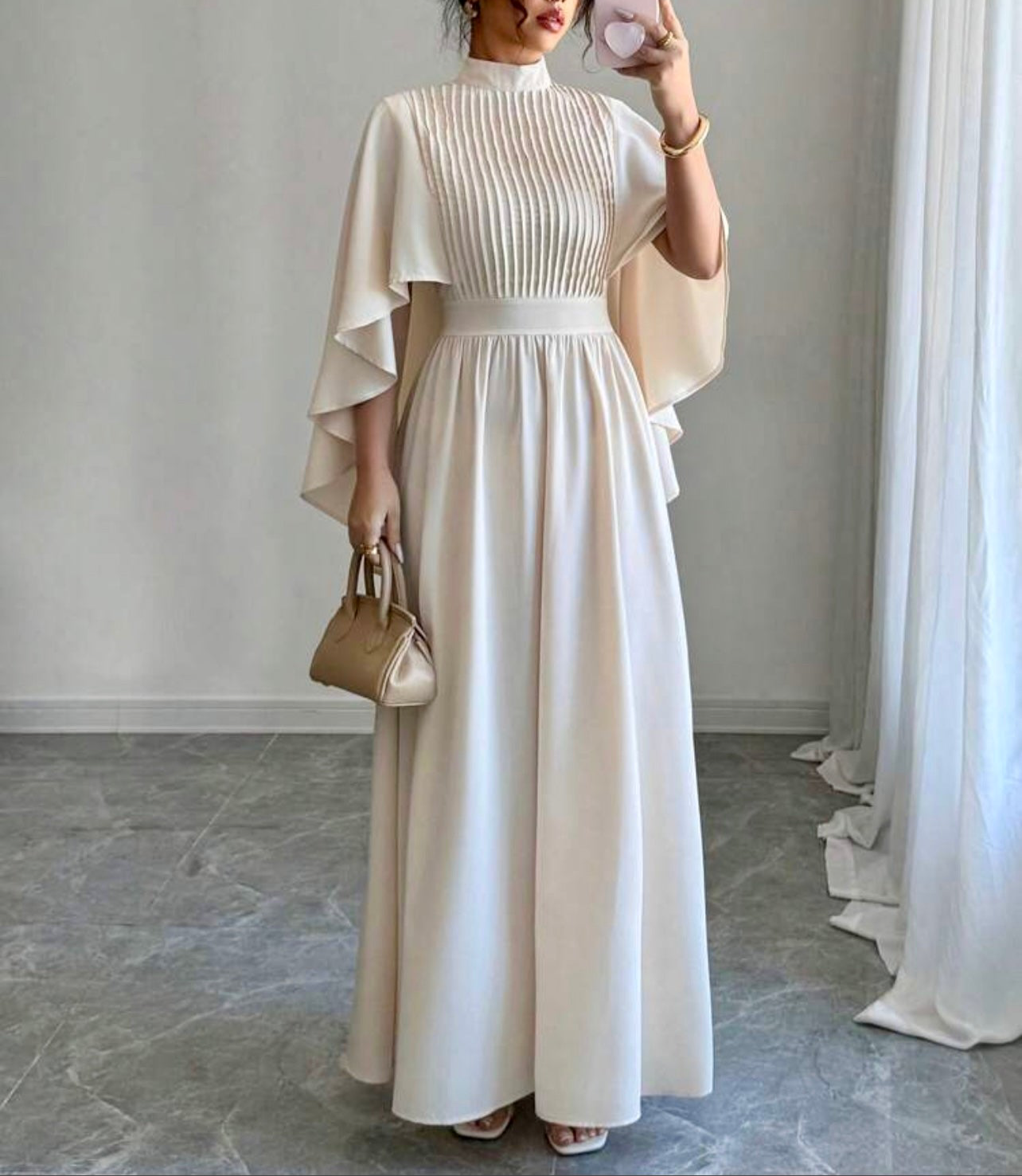 Ivory Pleated Cape Maxi Dress – Elegant Modest Wear