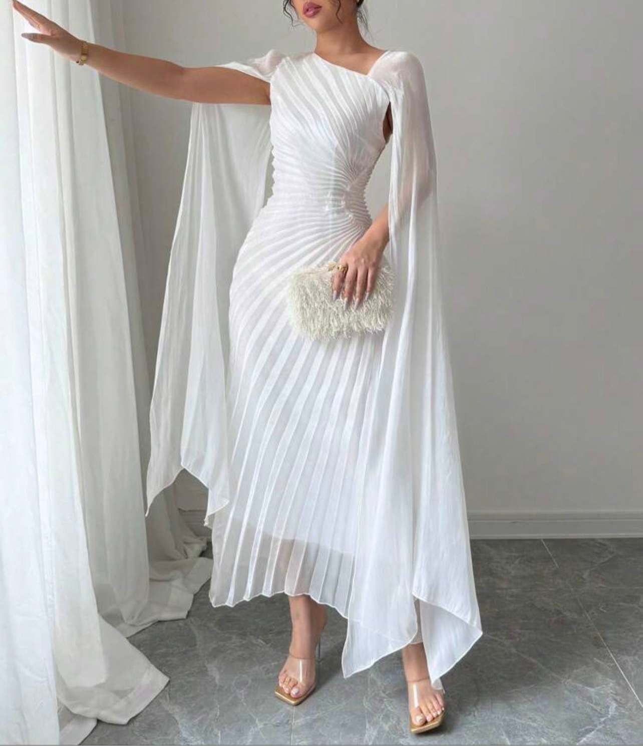 White Sculpt Pleated Cape Dress – Luxe Evening Elegance