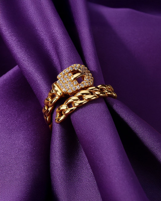 Gold Cuban Link Chain Ring with Pave Buckle Design – Premium Statement Ring by Al Zarif