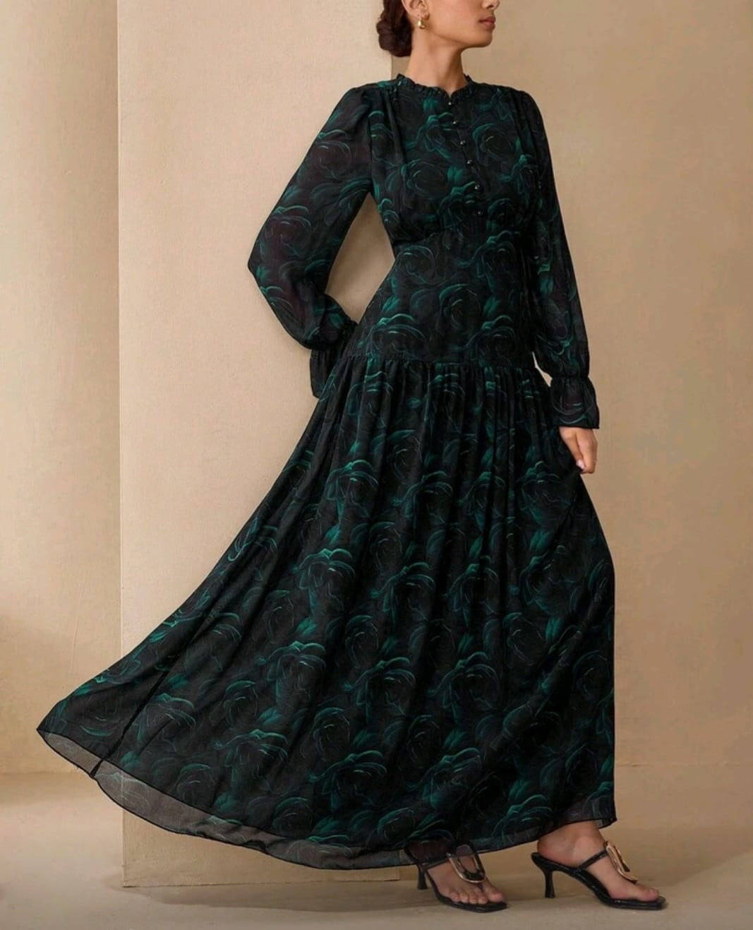 Green Floral Print Modest Gown